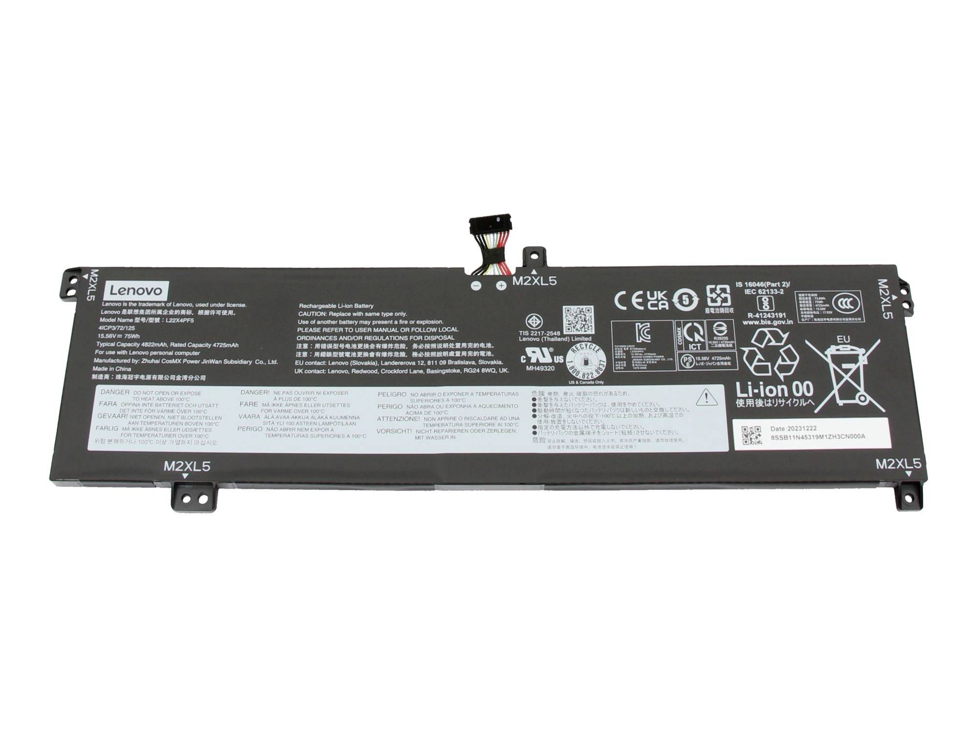 Lenovo laptop battery pack with label and connector, shown isolated on a white background.