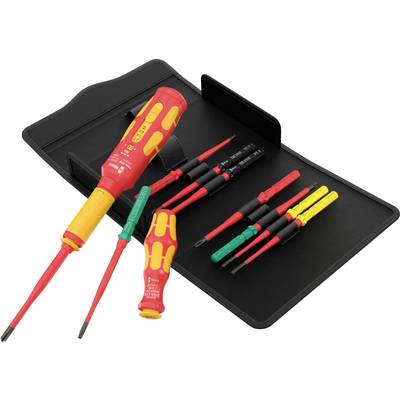 Insulated electrical screwdriver set with red and yellow handles arranged in a black tray.<br>