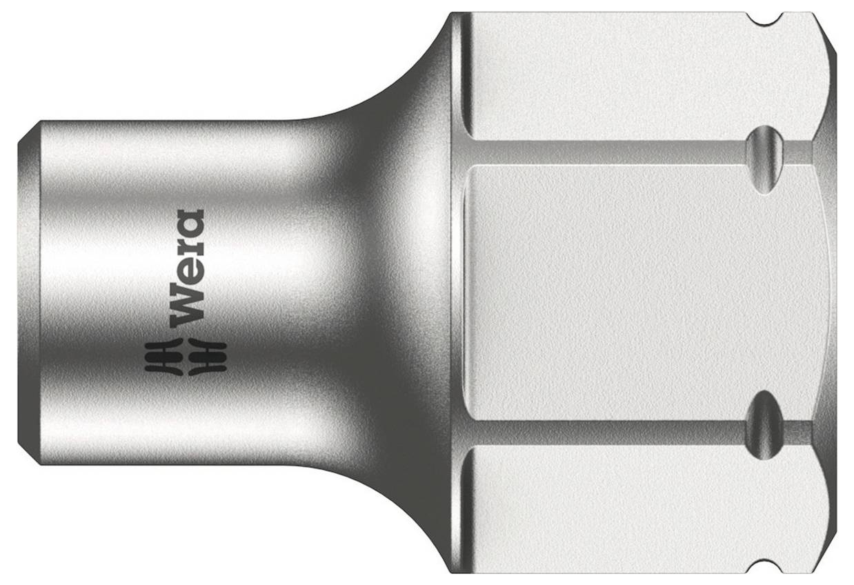 Close-up of a silver Wera hex socket bit with the brand name printed on it.