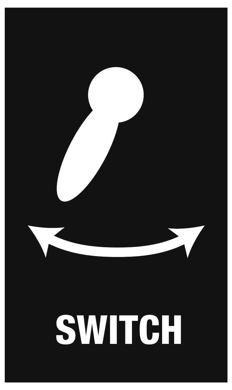 A white switch icon with a curved two-way arrow above the word 'SWITCH' on a black background.<br>