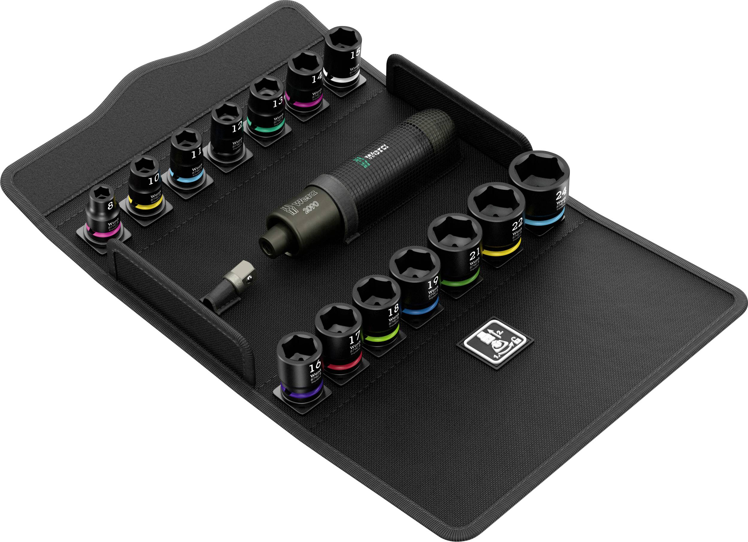 Black tool organizer tray with a pneumatic impact wrench and color-coded sockets arranged in holders.