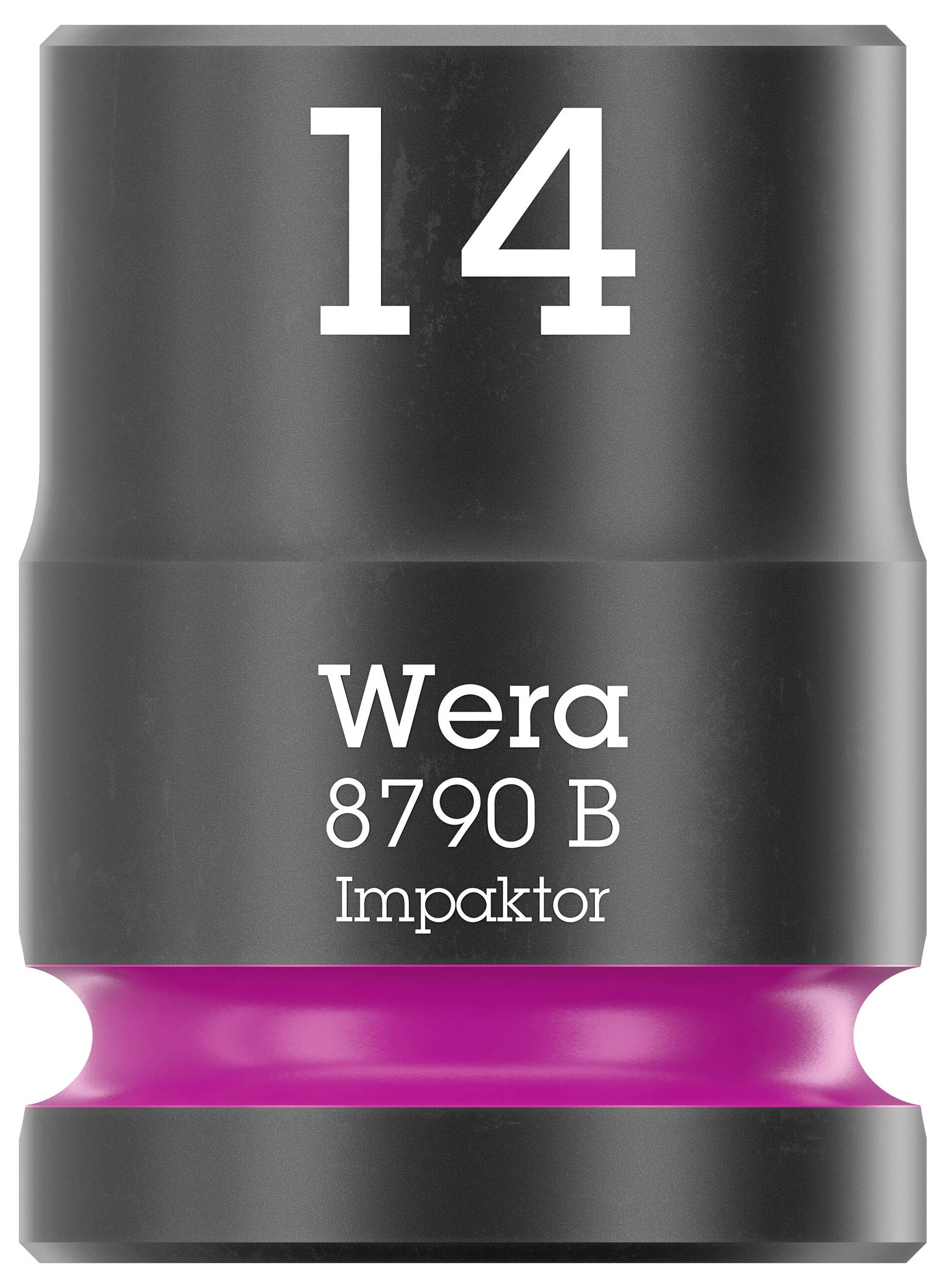Close-up of a Wera 8790 B Impaktor socket, size 14, with a black finish and magenta band.<br>