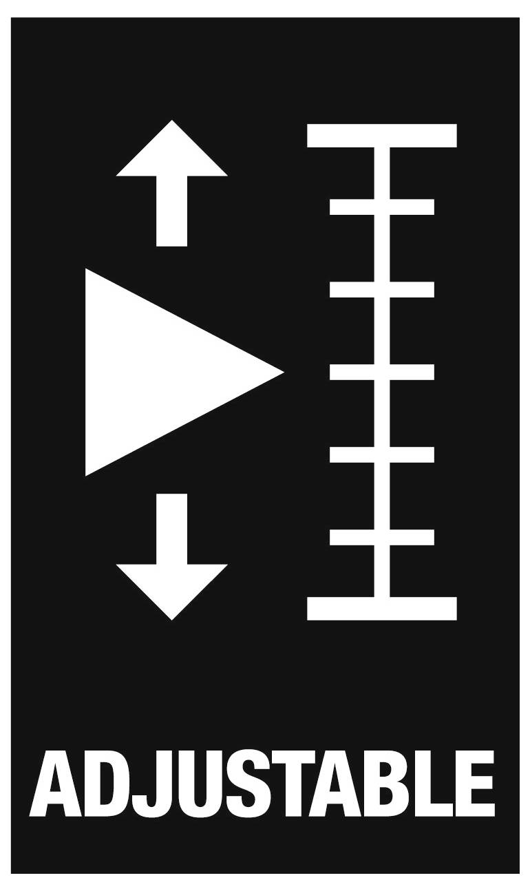 Black label icon with up and down arrows beside a vertical adjustment scale, labeled 'ADJUSTABLE'.