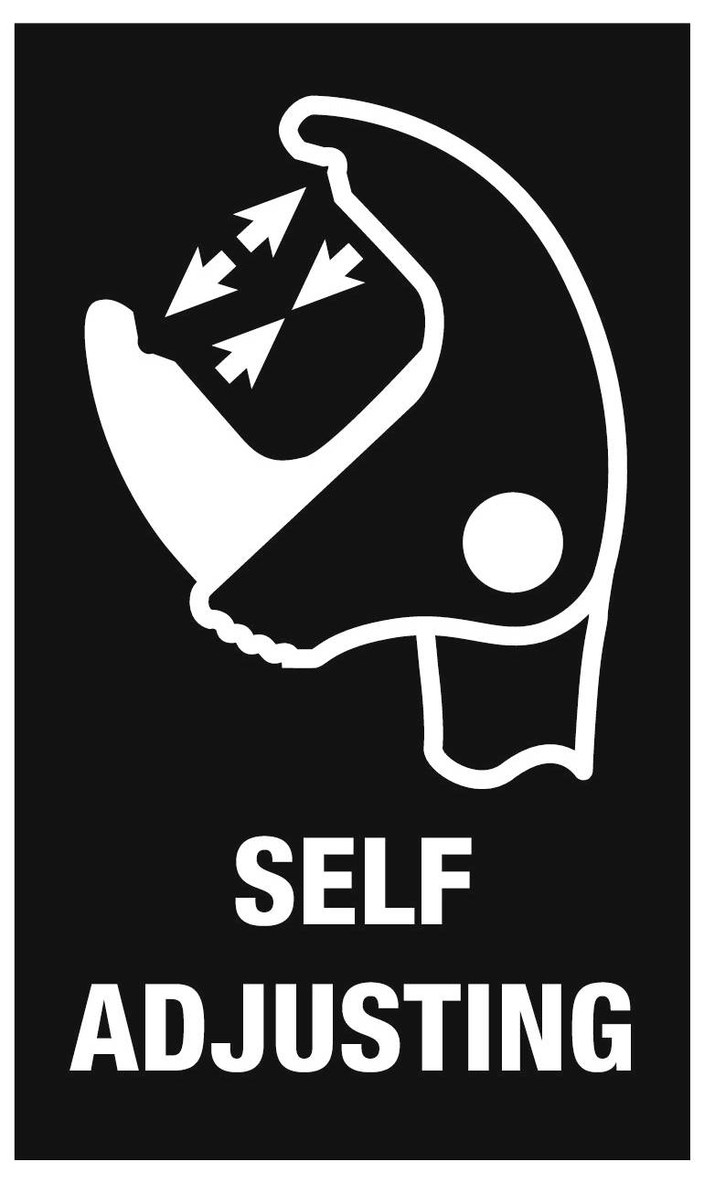 Black-and-white sign showing a hand with arrows indicating movement and the words 'SELF ADJUSTING'.