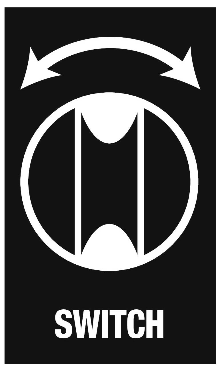 Black sign with a white circular symbol and curved arrows above, labeled 'SWITCH' at the bottom.