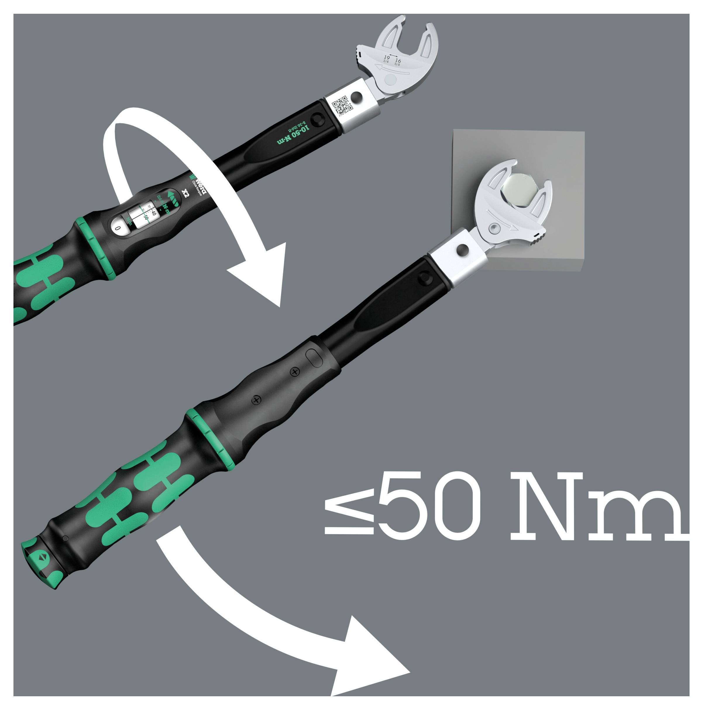 Adjustable torque wrench shown in two settings with arrows, labeled '≤50 Nm', indicating the tool’s torque limit.