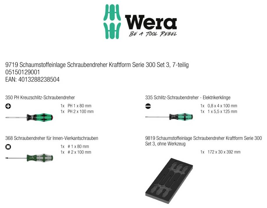 Wera tool set listing '9719 Schaumstoffeinlage Schraubendreher Kraftform Serie 300 Set 3, 7-teilig' with screwdriver types, sizes, and foam insert case image.