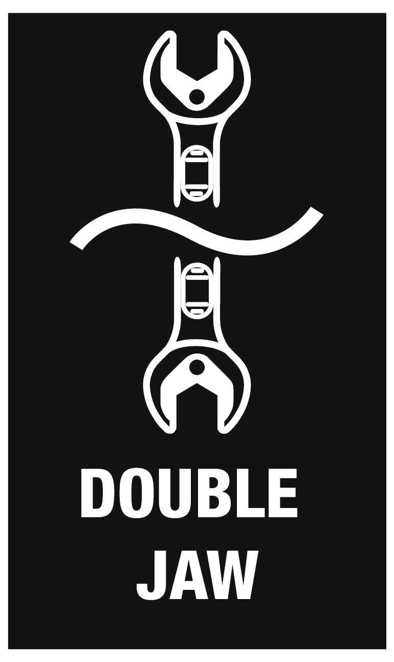 Black poster with a white icon of two wrenches separated by a wavy line, labeled 'DOUBLE JAW'.