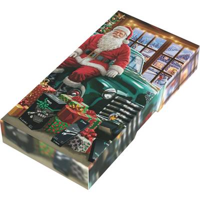 Santa in red suit sits on a green vintage truck surrounded by wrapped gifts in a festive holiday scene.