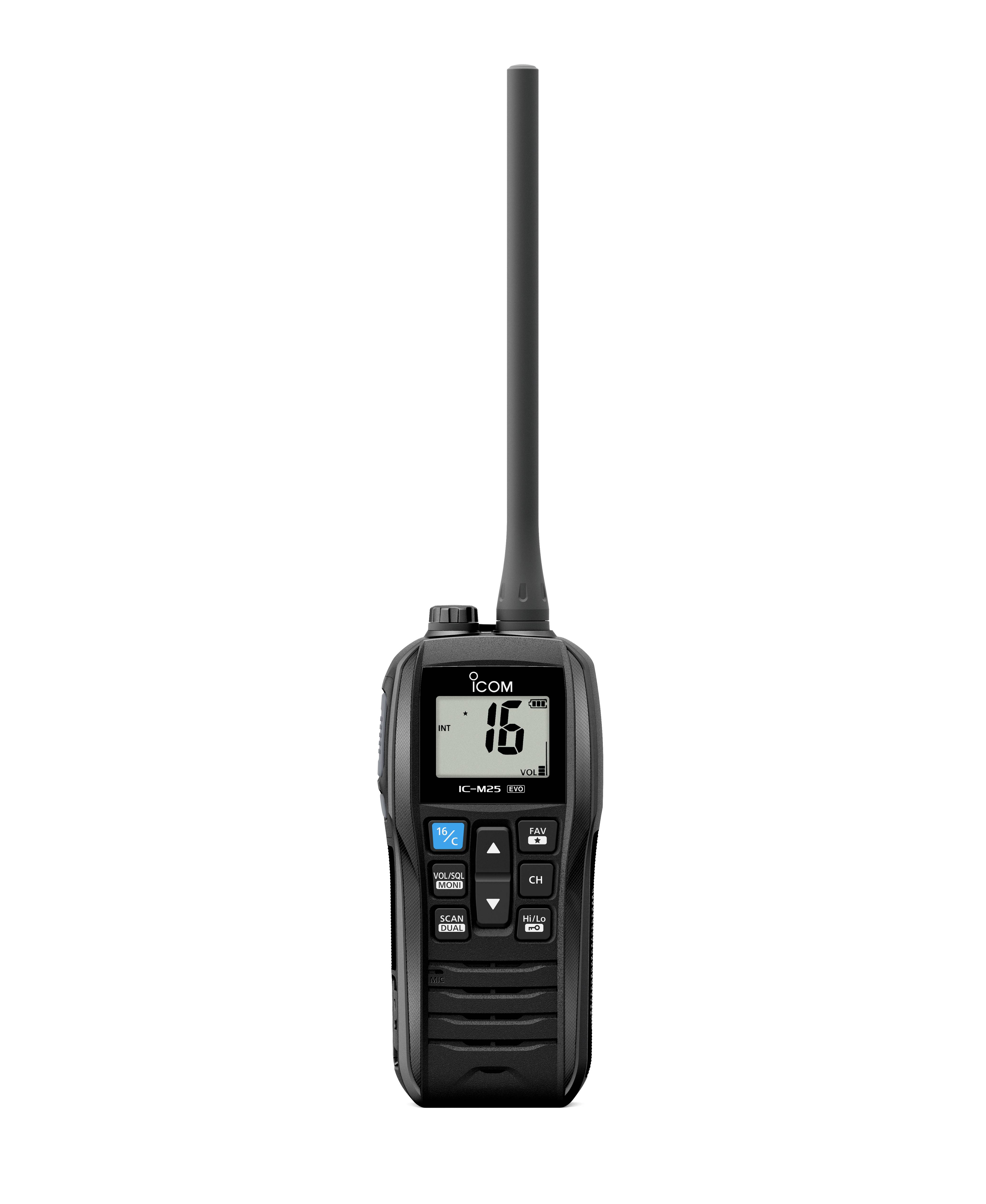 Black Icom handheld two-way radio with long antenna and digital display showing channel 16.