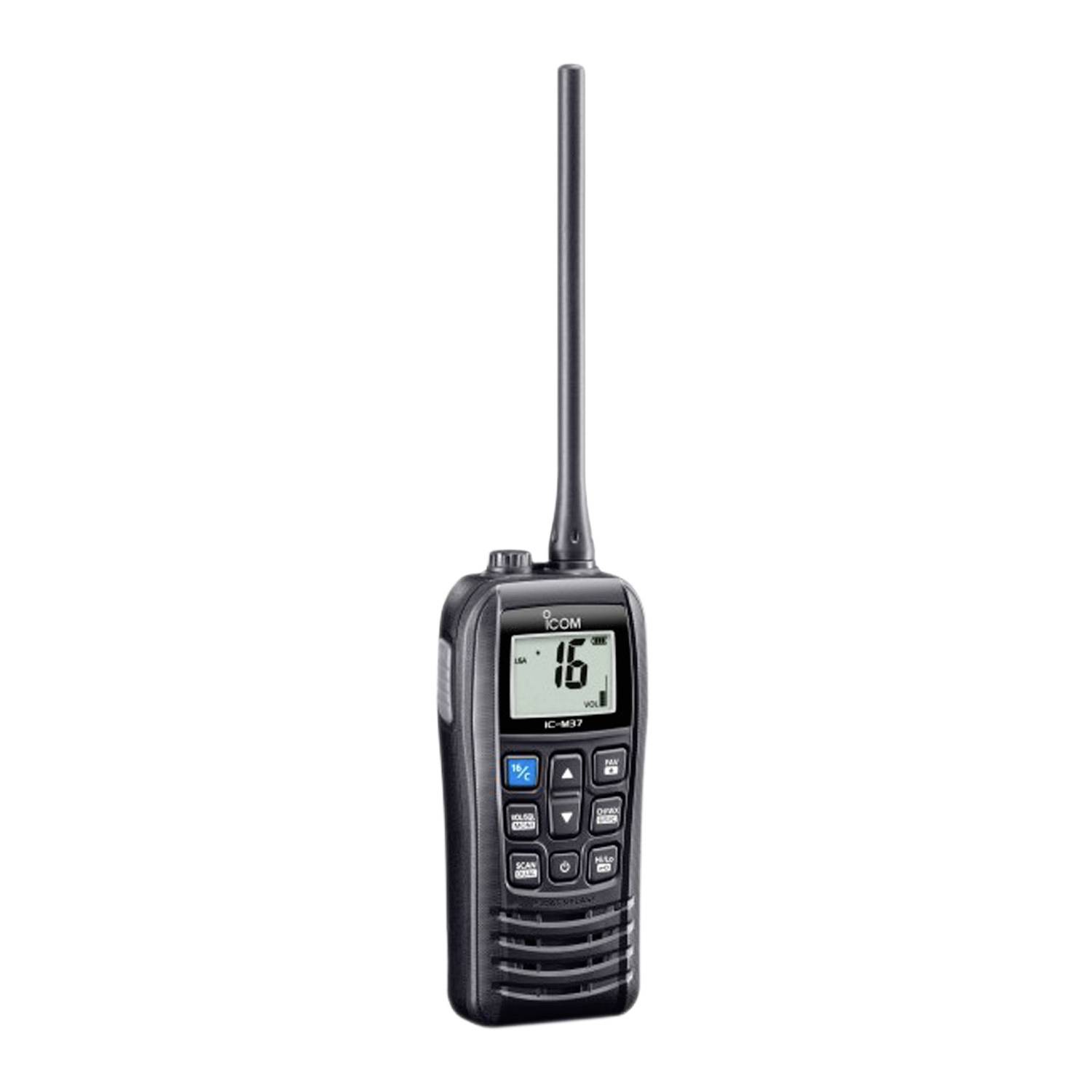 Black handheld two-way radio with long antenna and digital display showing channel 16.