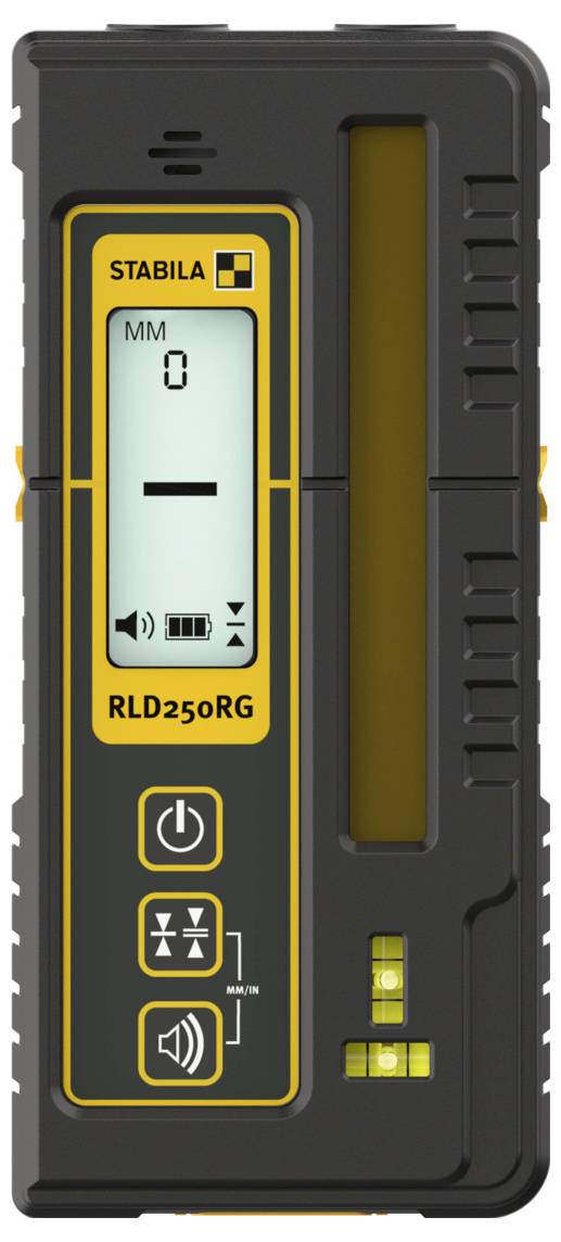Stabila RLd25RG rotary laser receiver with display, power and audio buttons, and side indicator lights in a black/yellow case.
