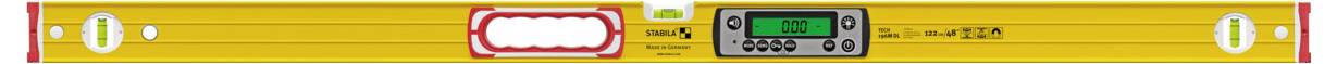Yellow spirit level with a digital display, used to check alignment and levelness.