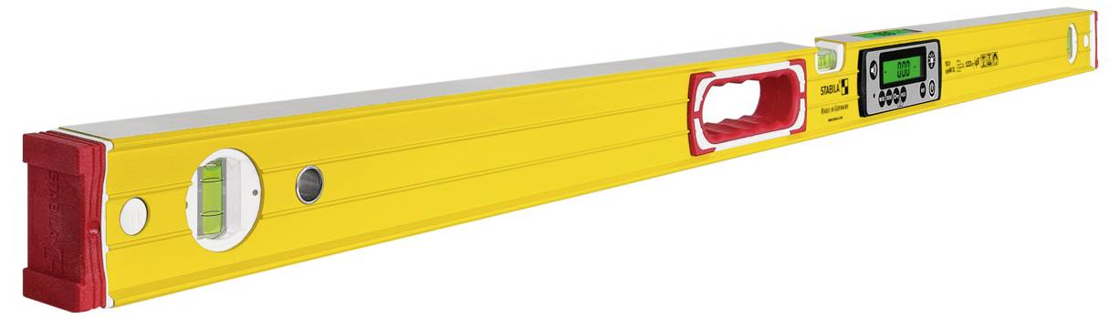 Yellow carpenter’s spirit level with red end caps, bubble vial, and digital display for measuring level and angle.