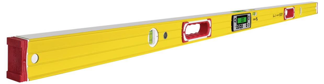 Yellow spirit level tool with red end caps and bubble vials, used to check if surfaces are level.