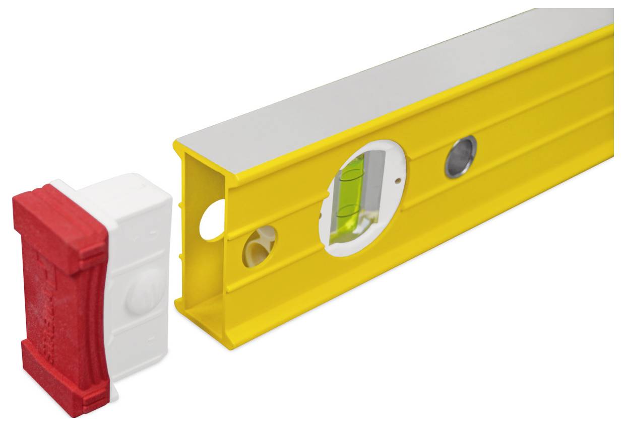 Yellow spirit level with a bubble vial beside a red-and-white wall mounting bracket or stopper.