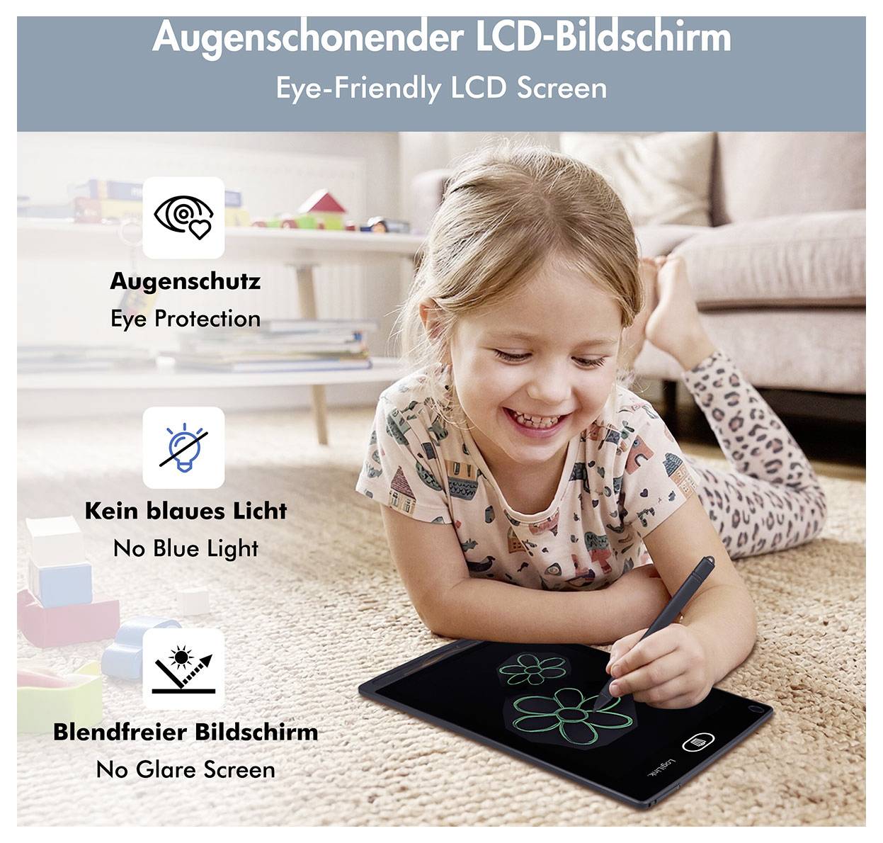 Girl drawing on a tablet on the floor, promoting an 'Eye-Friendly LCD Screen' with eye protection, no blue light, and no glare screen.