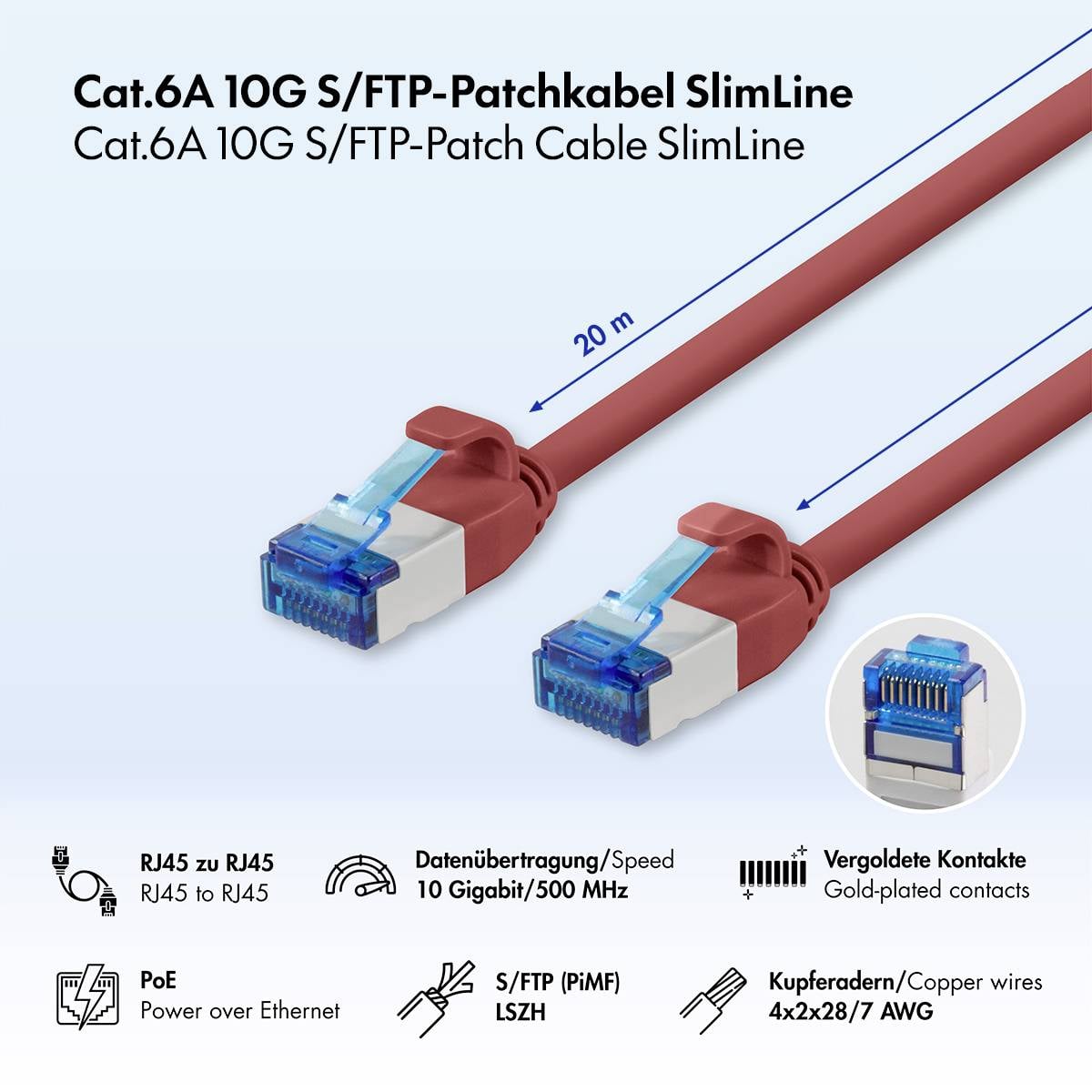 Product image of a Cat.6A 10G S/FTP SlimLine patch cable, shown with RJ45 connectors, 20 m length, and icons highlighting 10 Gigabit/500 MHz, PoE, gold-plated contacts, and copper wires.