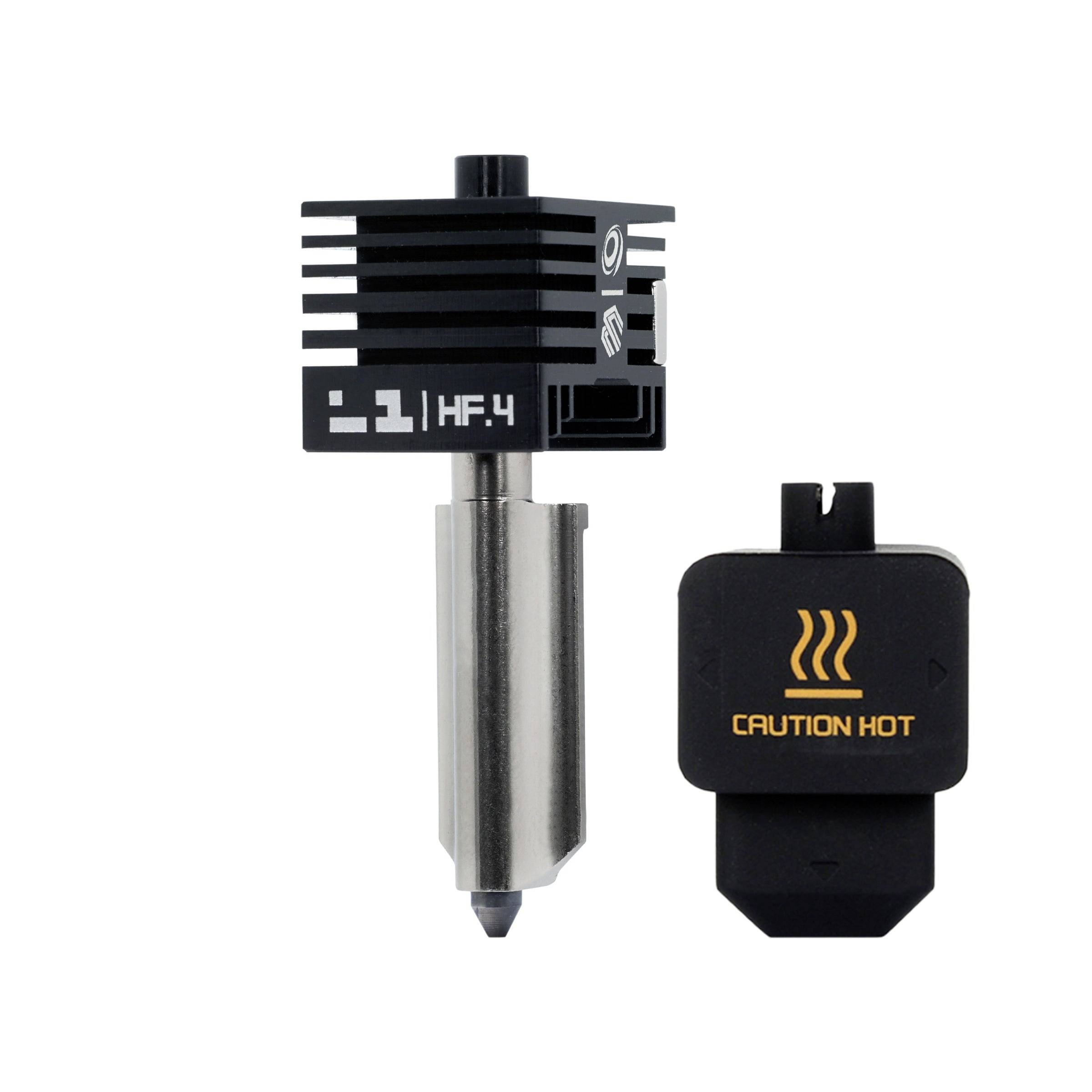 3D printer hotend assembly and separate 'CAUTION HOT' toolhead cover on a white background.