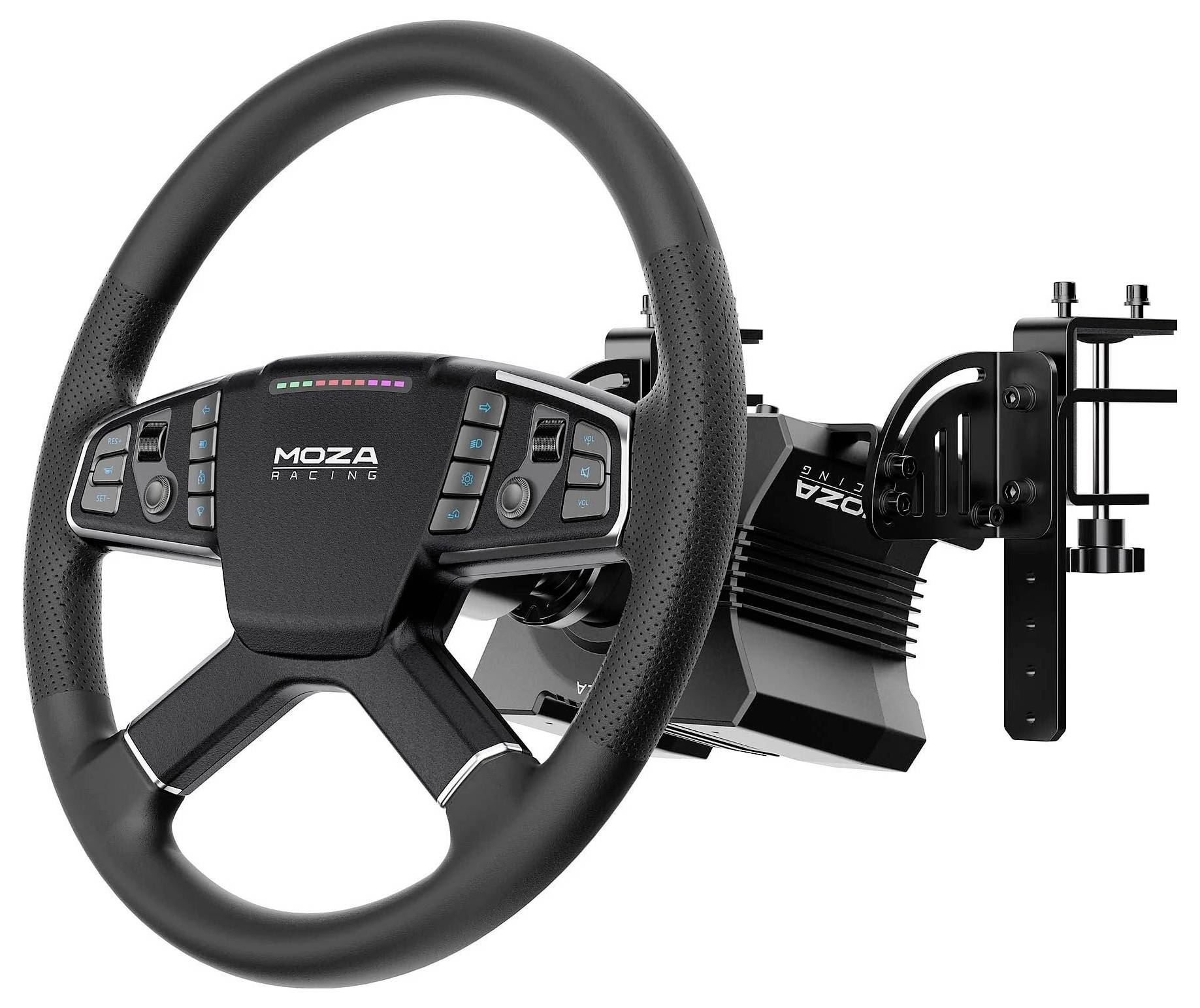 MOZA Racing steering wheel mounted on a sim racing wheel base with pedals and bracket, shown on a white background.<br>