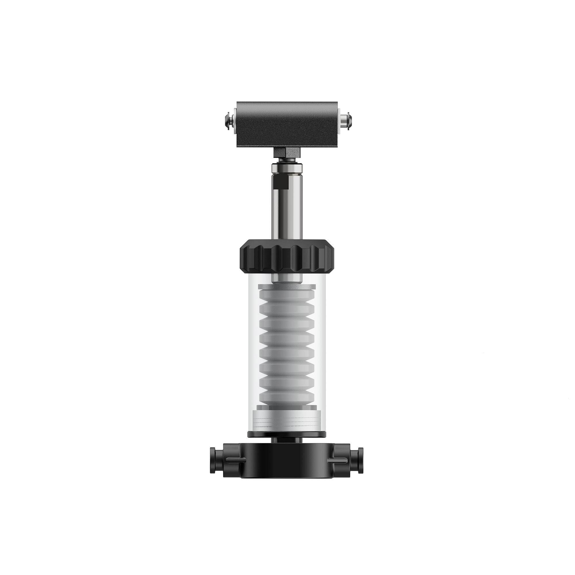 Transparent mechanical device with a central spring and black top and bottom mounts, shown isolated on a white background.