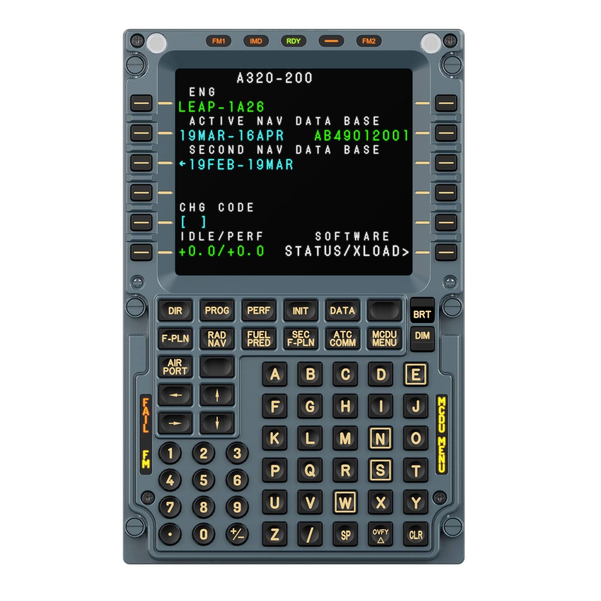 Airbus A320-200 flight management computer display showing active navigation data bases, software version, and keyboard controls.