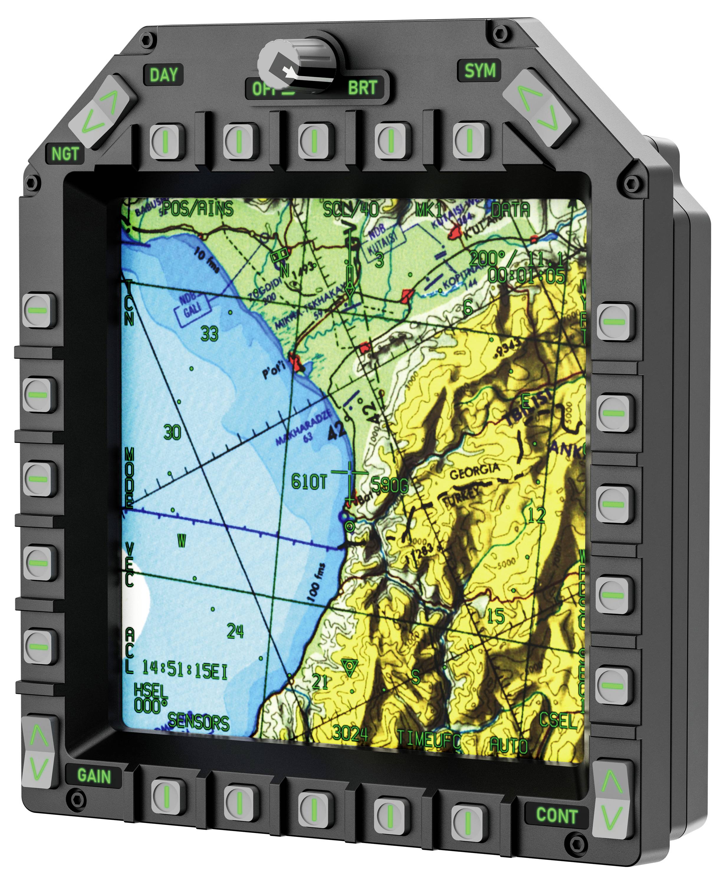 Rugged GPS/navigation device displaying a topographic map, with coast and terrain detail on a color screen and many physical control buttons around the bezel.