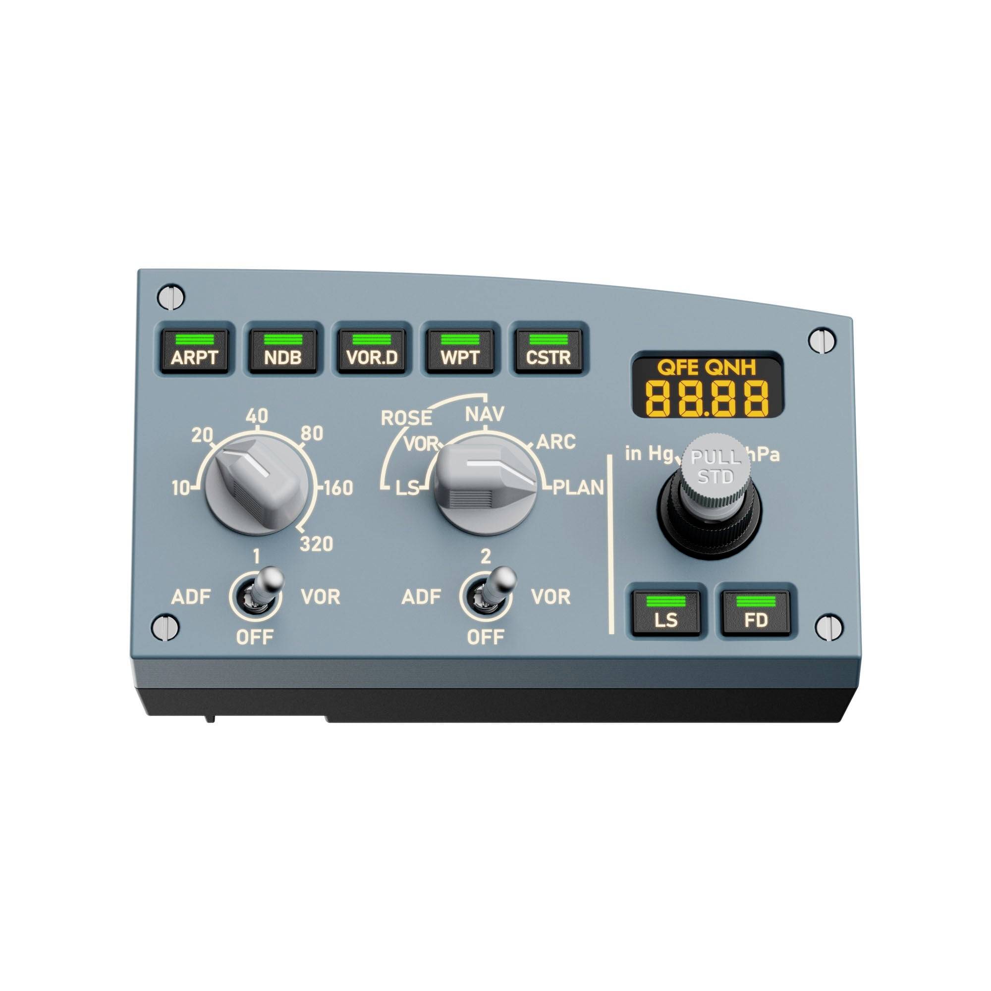 Aircraft navigation and autopilot control panel with digital QNH display, mode buttons, rotary selectors, and ADF/VOR switches.<br>
