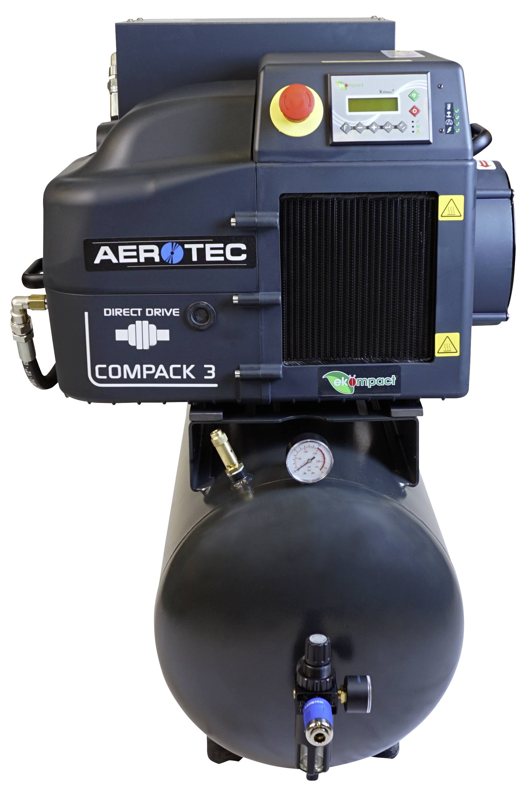 Industrial air compressor unit labeled AEROTEC COMPAK 3 mounted on a black air tank, with control panel and emergency stop button.