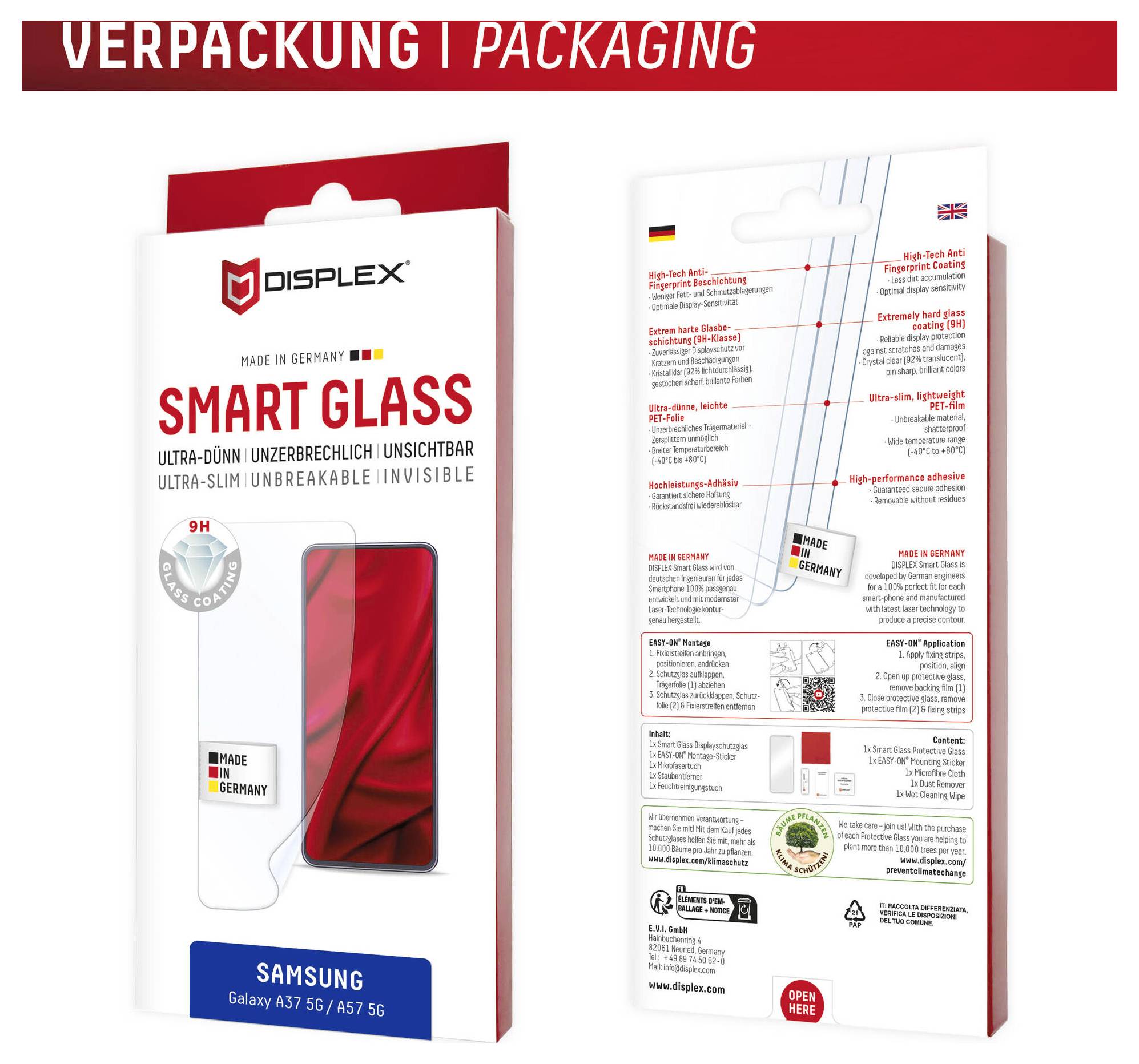 Packaging design for Displex Smart Glass screen protector, showing the front and back of a Samsung Galaxy A37 5G / A57 5G box.