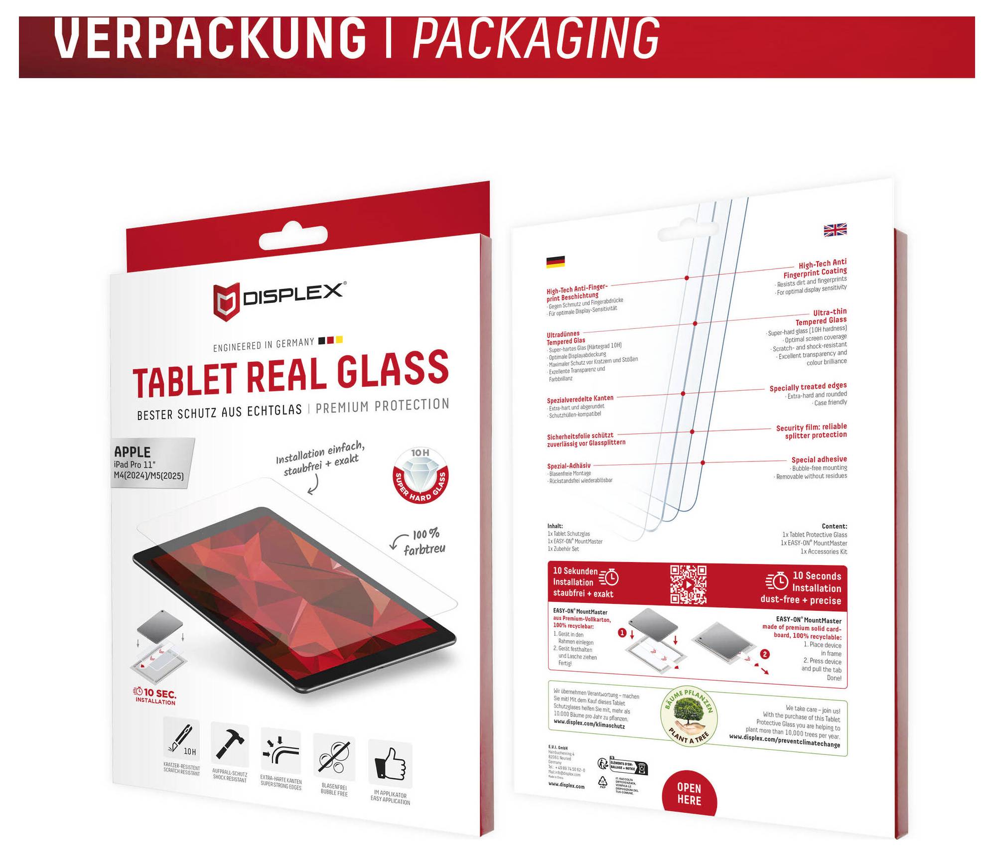 Front and back of Displex Tablet Real Glass screen protector packaging, showing product name, tablet compatibility, and feature icons.