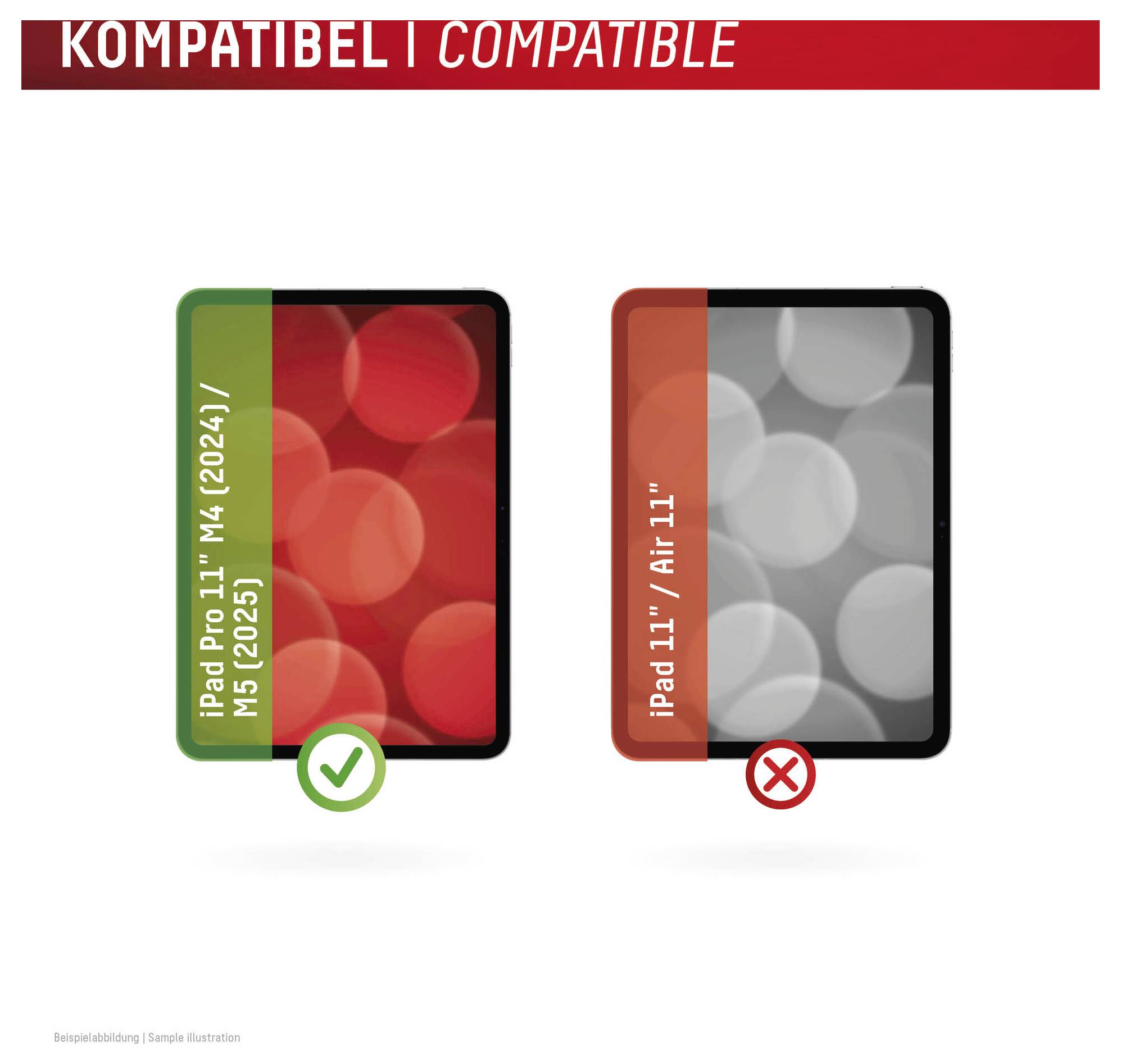 Compatibility graphic showing iPad Pro 11 M4 2024 and M5 2025 supported with a green check, while iPad 11 and Air 11 are not supported with a red X.<br>