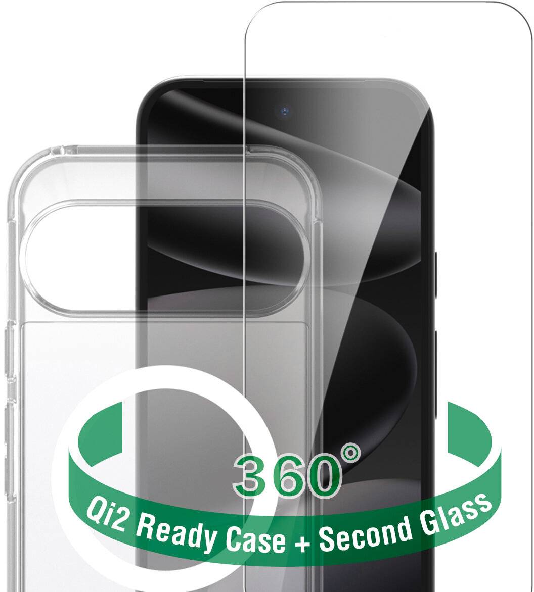 Promotional image of a phone case and second glass screen protector with a green ribbon reading 'Qi2 Ready Case + Second Glass' and '360°'.