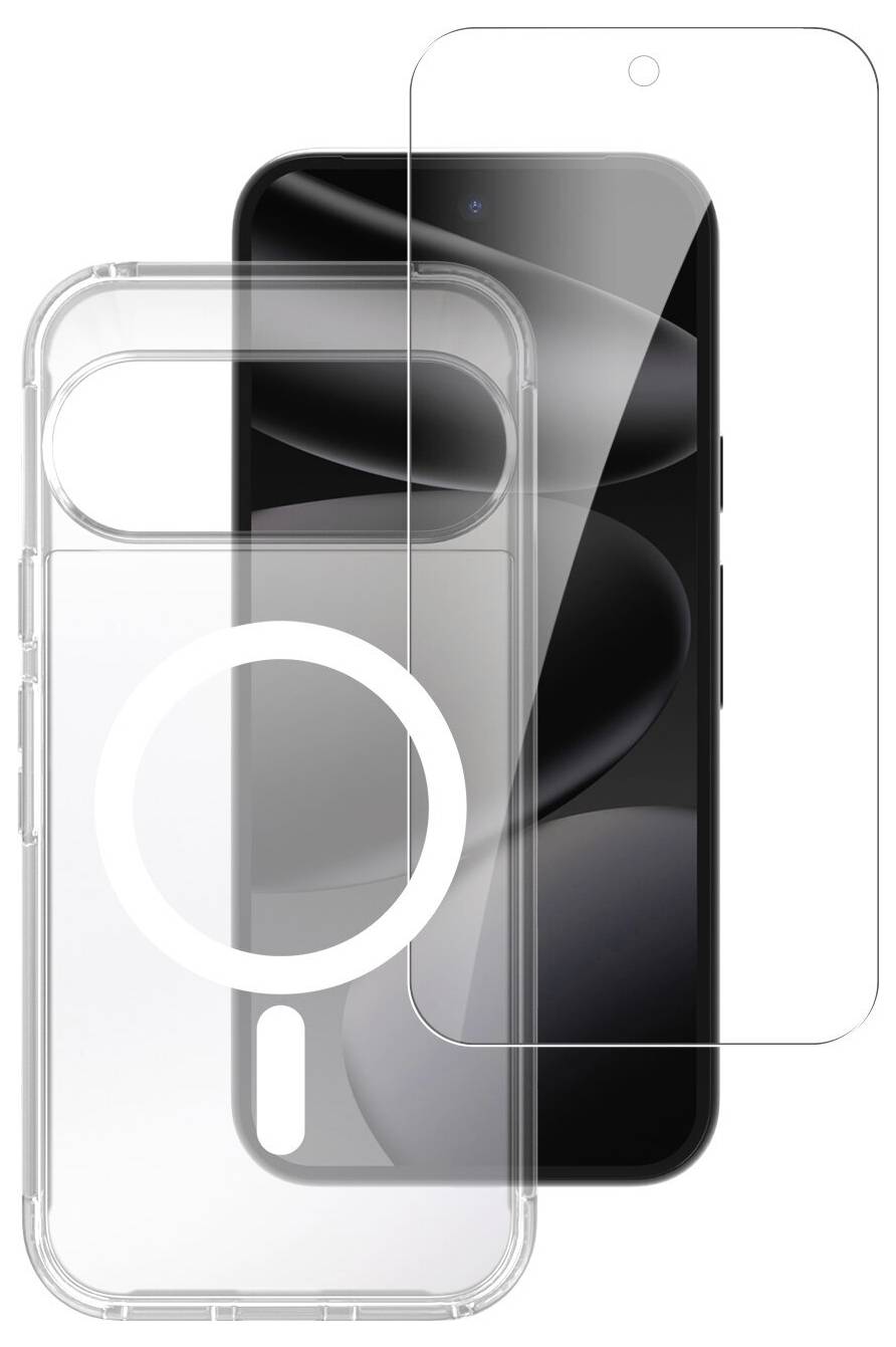 Transparent phone case and screen protector shown over the back and front of a black smartphone, highlighting MagSafe-style ring alignment.