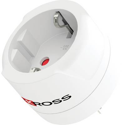 White electrical outlet adapter with two receptacle slots and a red indicator light, branded 'ROSS'.<br>