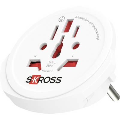 White SKROSS travel plug adapter with UK-style socket, labeled 13A 250V and 'Adapter does not convert voltage'.