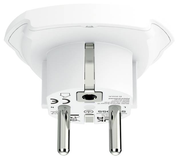 White electrical plug adapter with two round prongs and a side grounding contact, shown on a white background<br>