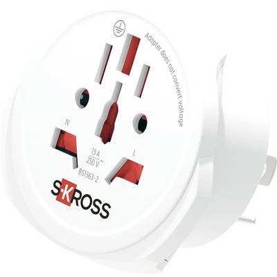 White SKROSS travel plug adapter with universal socket and UK-style prongs; text says 'Adapter does not convert voltage' and '13A 250V~ BS1363-2'.