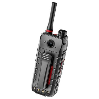 Robust black handheld radio with long antenna and belt clip, shown from the rear/side.