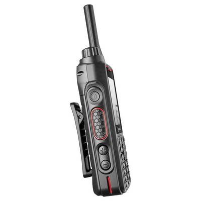 Hand-held radio device with antenna and buttons on the front, a clip on the side; black casing with red accents on a white background.