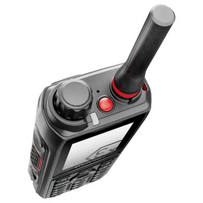 Hand-held radio with antenna, large rotary knob and red button, displayed at an angle from above against a white background.