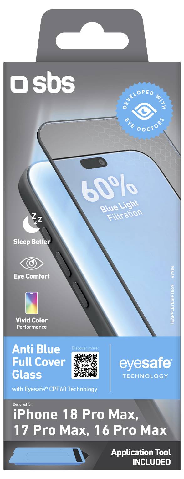 Package for an eyesafe anti-blue full cover screen protector for iPhone 18 Pro Max, 17 Pro Max, and 16 Pro Max, showing 60% blue light filtration and included application tool.