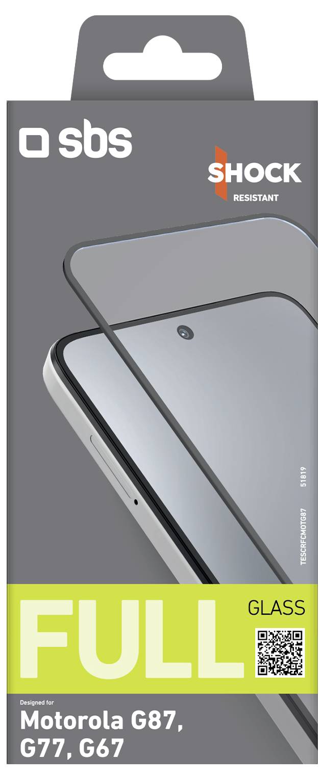 Packaging for an SBS Shock Resistant full glass screen protector for Motorola G87, G77, and G67 phones.
