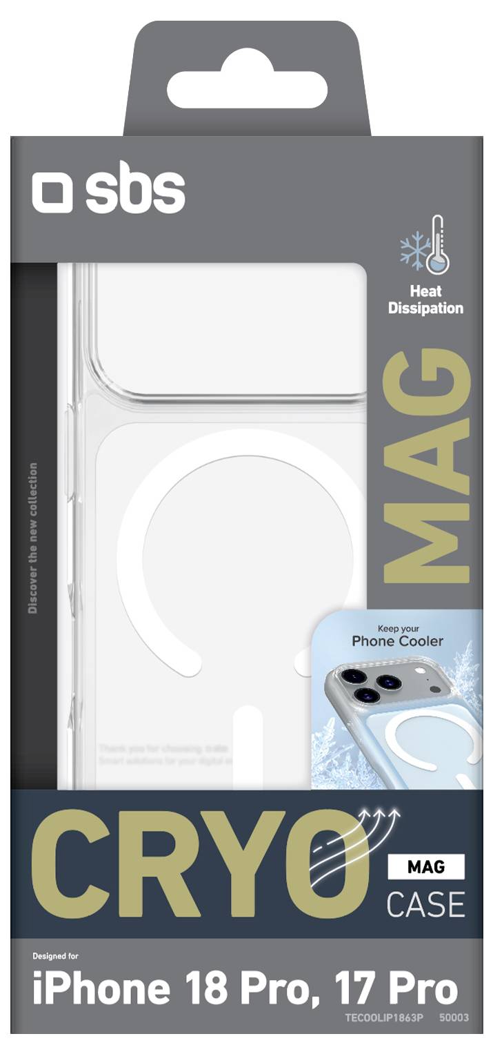 Packaging for an SBS 'CRYO MAG' case with heat dissipation for iPhone 18 Pro and 17 Pro, shown as a clear phone case on the box.