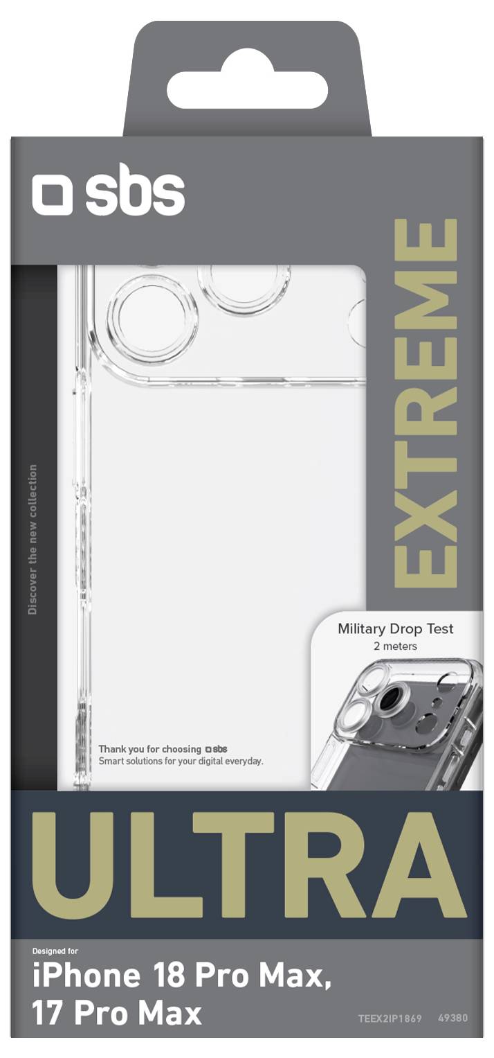 Retail packaging for an SBS phone case labeled 'ULTRA EXTREME' and 'iPhone 18 Pro Max, 17 Pro Max', showing a clear protective case and military drop test icon.