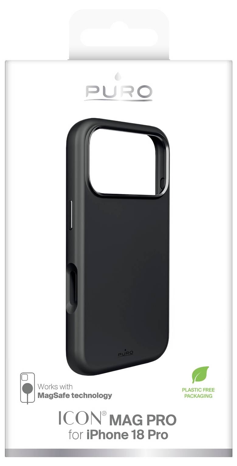 Product packaging for a PURO ICON MAG PRO black phone case, labeled 'Works with MagSafe technology' and 'for iPhone 18 Pro,' with plastic-free packaging icon.