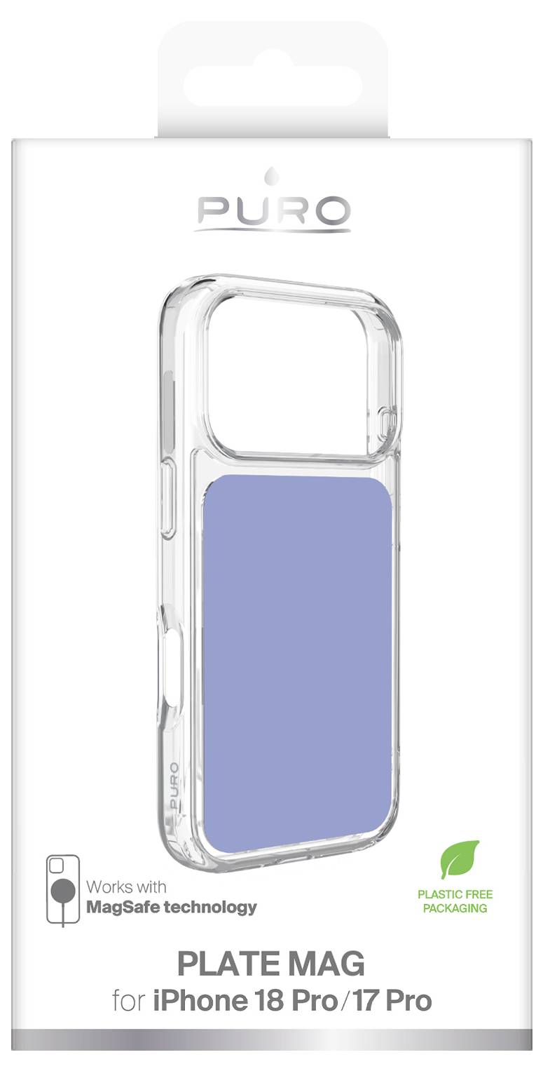 Packaging for Puro Plate Mag clear phone case for iPhone 18 Pro/17 Pro, shown as MagSafe compatible and plastic-free packaging.
