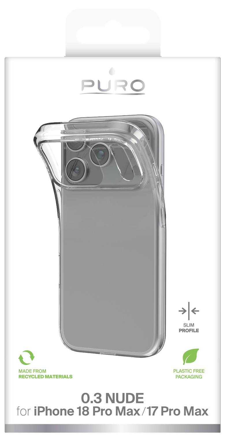 Clear slim phone case for iPhone 18 Pro Max/17 Pro Max, labeled '0.3 NUDE', made from recycled materials with plastic-free packaging.