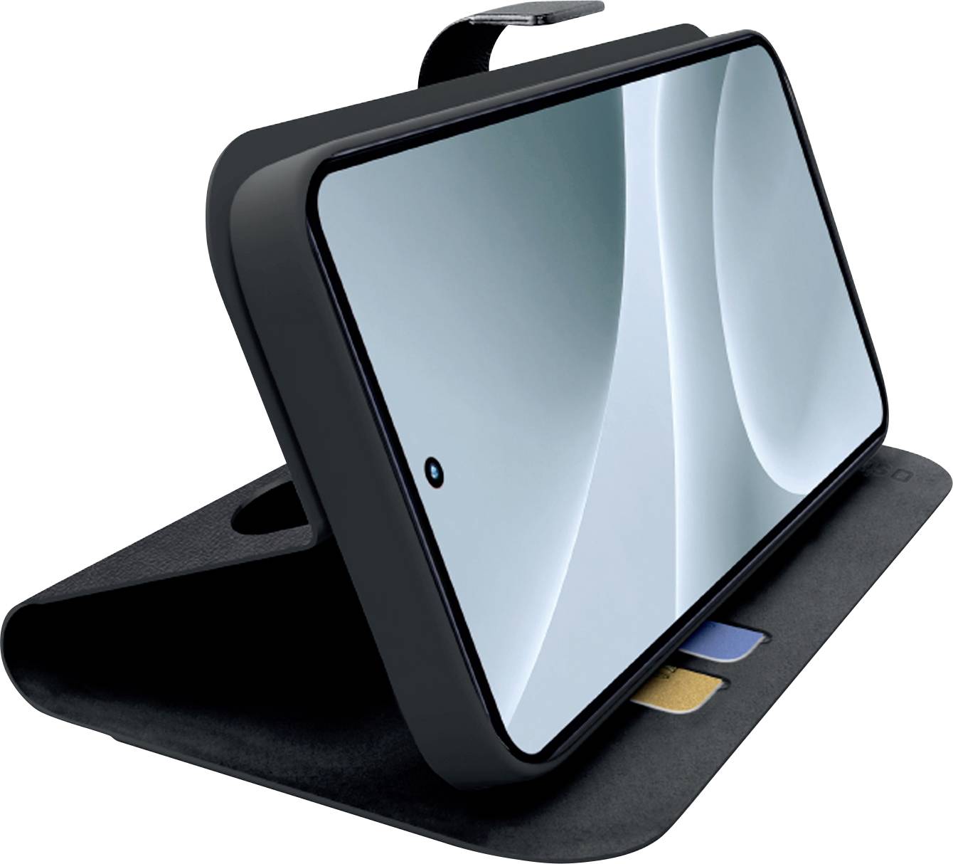 Angled touchscreen device docked in a black stand with a glossy blue display and two colored buttons on the base.