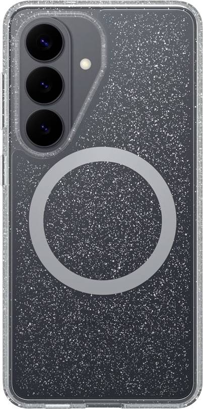 Gray glitter iPhone case with triple rear camera cutout and MagSafe ring design.
